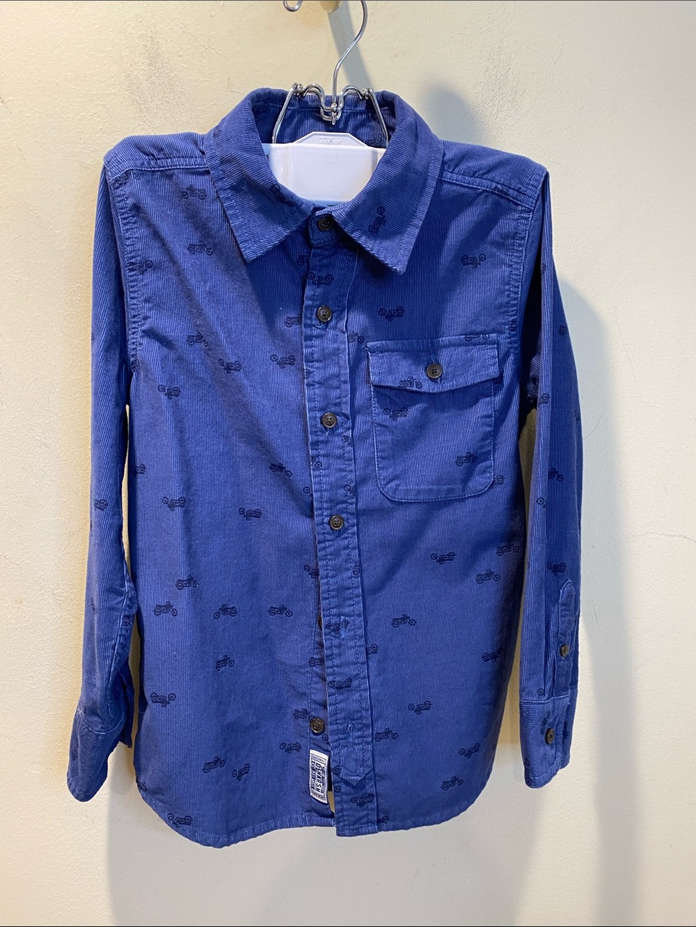 OshKosh B'gosh Navy Blue Button-Front Shirt with Bicycle Motif Sz 7